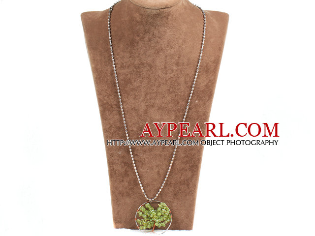 Fashion Large Loop Wired Crochet Natural Olivine Stone Chips Wishing Tree Pendant Necklace With Alloyed Chain