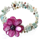 Trevlig Wired Virka Multilayer Blandat Amazon Och Lila Shell Amethyst Flower halsband