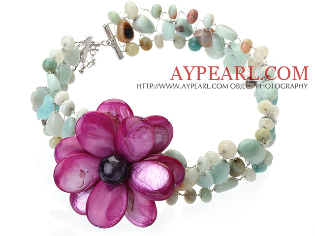 Trevlig Wired Virka Multilayer Blandat Amazon Och Lila Shell Amethyst Flower halsband