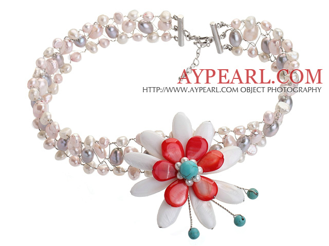 Fashion Wired Crochet Multilayer Multi Color Freshwater Pearl And White Red Shell Flower And Turquoise Necklace