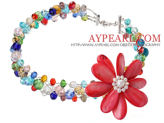 Fashion Wired Crochet Multilayer Colorful Crystal And Red Shell White Pearl Flower Necklace