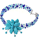 Wholesale Fashion Wired Crochet Multilayer Blue Series Crystal And Turquoise Flower Party Necklace