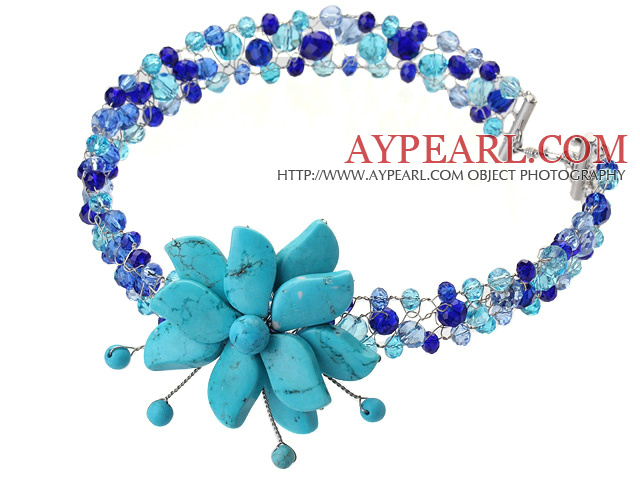 Fashion Wired Crochet Multilayer Blue Series Crystal And Turquoise Flower Party Necklace