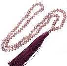 Lovely 8mm Manmade Purple Crystal Strand Necklace With Purple Threaded Tassel Pendant