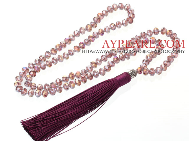 Lovely 8mm Manmade Purple Crystal Strand Necklace With Purple Threaded Tassel Pendant