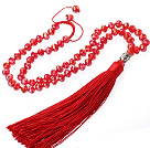 Lovely 8mm Manmade Red Crystal Strand Necklace With Red Threaded Tassel Pendant