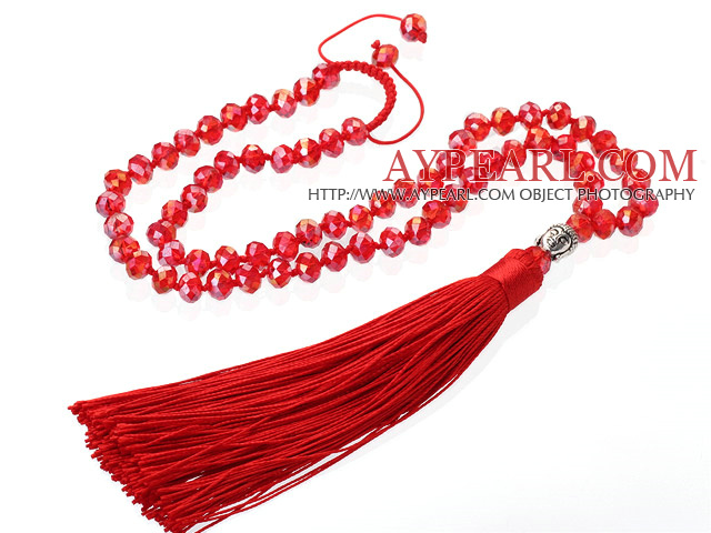 Lovely 8mm Manmade Red Crystal Strand Necklace With Red Threaded Tassel Pendant