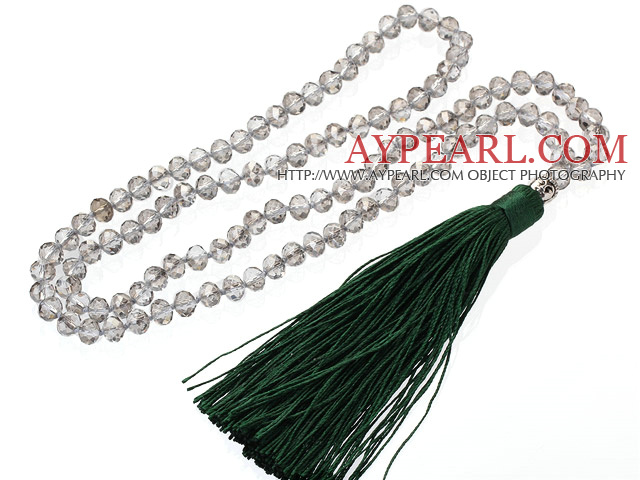 Lovely 8mm Manmade White Crystal Strand Necklace With Green Threaded Tassel Pendant
