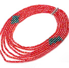 Мода Мульти пряди 5 * 6 мм Грановитая Голодомору красный и зеленый кристалл бусы ожерелье с магнитной застежкой
