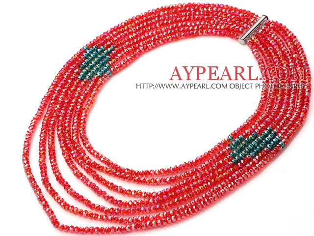 Fashion Multi Strands 5*6mm Faceted Manmade Red And Green Crystal Beads Necklace With Magnetic Clasp