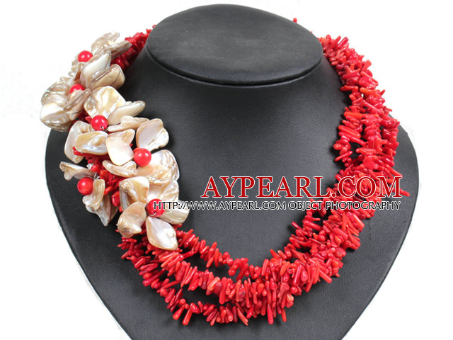 Φανταστική Όμορφη Twisted Πολλαπλών Strand Red Coral Μάρκες Αφρικής Γάμου Φυσικό Shell λουλούδι κολιέ