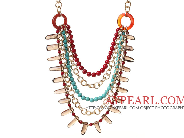 Fashion Multilayer Round Red Coral Blue Turquoise And Smoky Quartz Loop Chain Link Necklace