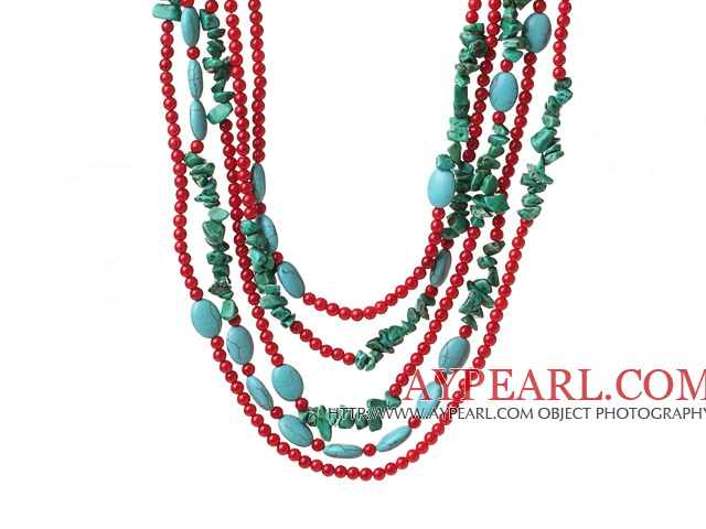 Fashion Multi Strands Green Turquoise And Round Red Coral Necklace With Magnetic Clasp