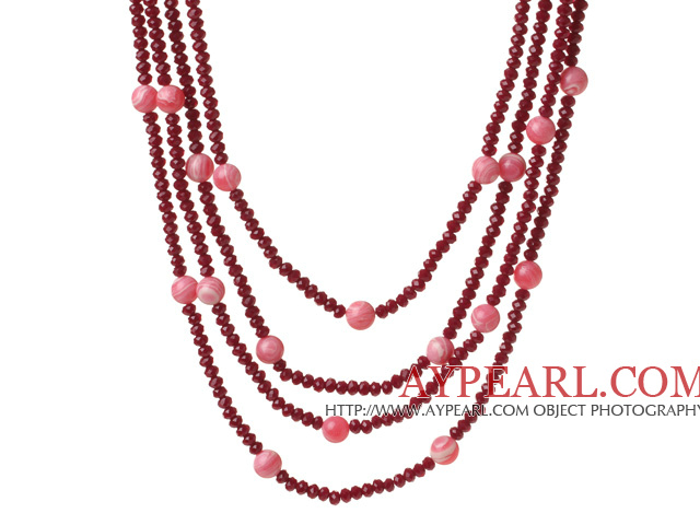 Nice Multi Strands Rose Jade Crystal And Round Rhodochrosite Necklace With Magnetic Clasp