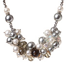 Fashion Cluster White And Gray Seashell Pearl And Colorful Manmade Crystal Strand Necklace