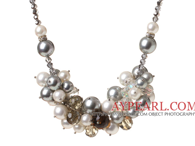 Fashion Cluster White And Gray Seashell Pearl And Colorful Manmade Crystal Strand Necklace