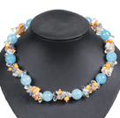 Fashion Drei Stränge natürliche Frischwasser Und Knopf-Perlen -Halskette mit Orange Flower Schließe