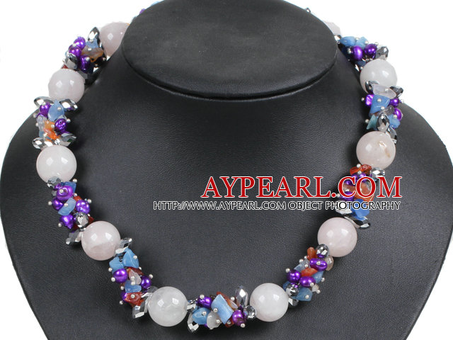 Vente chaude magnifiques Rose Quartz Perles ronde Violet Perle Cluster Multi Color Stone Beads Necklace Choker