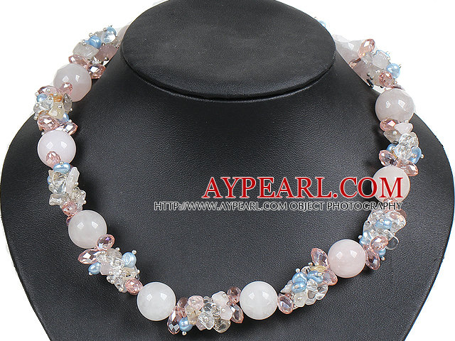 Vente chaude magnifiques Rose Quartz Perles ronde Blue Pearl Cluster Rose Collier Choker Cristal