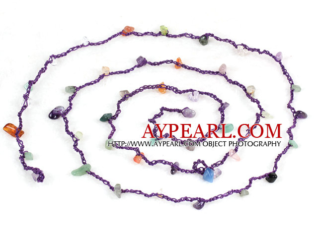 Pretty Long New Style Multi Color Gemstone Chips Halskjede Purple tråd (også kan være armbånd)