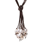 Fashion Multi Strands Natural White Freshwater Pearl Pendant And Knotted Brown Leather Necklace