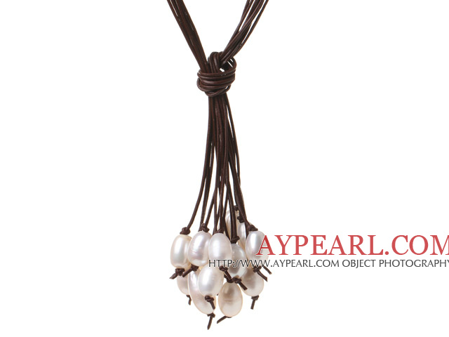 Fashion Multi Strands Natural White Freshwater Pearl Pendant And Knotted Brown Leather Necklace