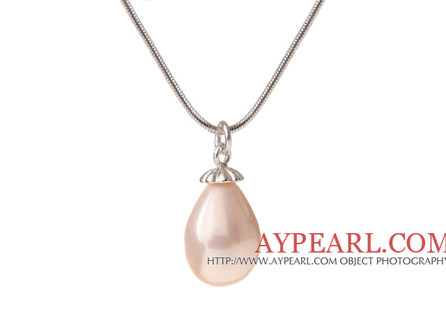 Lovely Pink Teardrop Seashell Pearl Dangling Pendant Metal Chain Necklace With Lobster Clasp