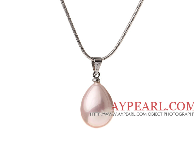Lovely Pink Teardrop Seashell Pearl Dangling Pendant Metal Chain Necklace With Lobster Clasp