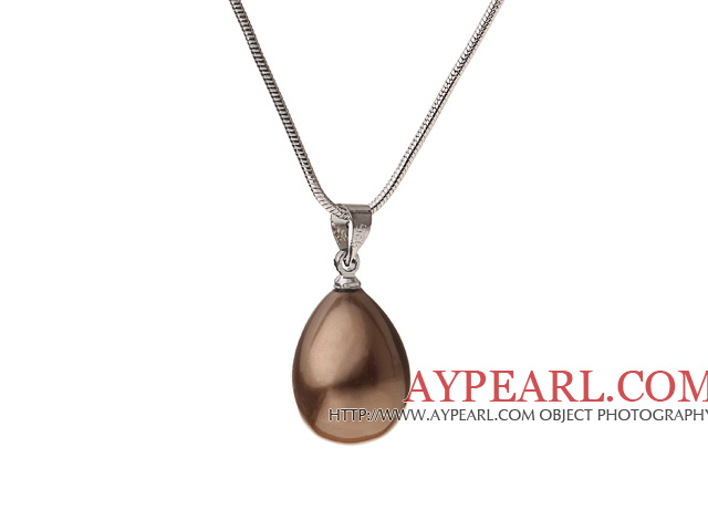 Lovely Brown Teardrop Seashell Pearl Dangling Pendant Metal Chain Necklace With Lobster Clasp