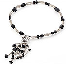 Wholesale Nice Multi Black Agate And Manmade Gray Crystal Strand Necklace With Dangling Pendant