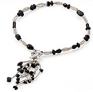 Nice Multi Black Agate And Manmade Gray Crystal Strand Necklace With Dangling Pendant