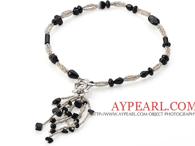 Nice Multi Black Agate And Manmade Gray Crystal Strand Necklace With Dangling Pendant