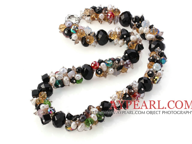 Fashion Cluster White Freshwater Pearl And Multi Colorful Crystal Necklace With Moonight Clasp