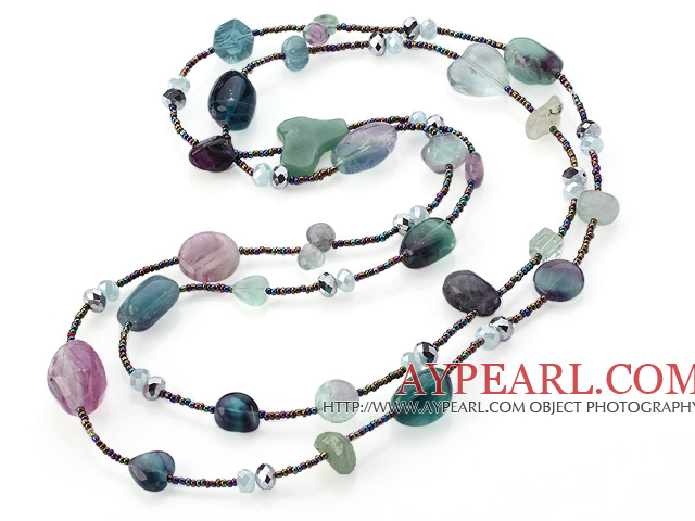 Fashion Long Style Multi Rainbow Fluorite And Crystal Strand Necklace (Random Shapes Wil Be Sent)