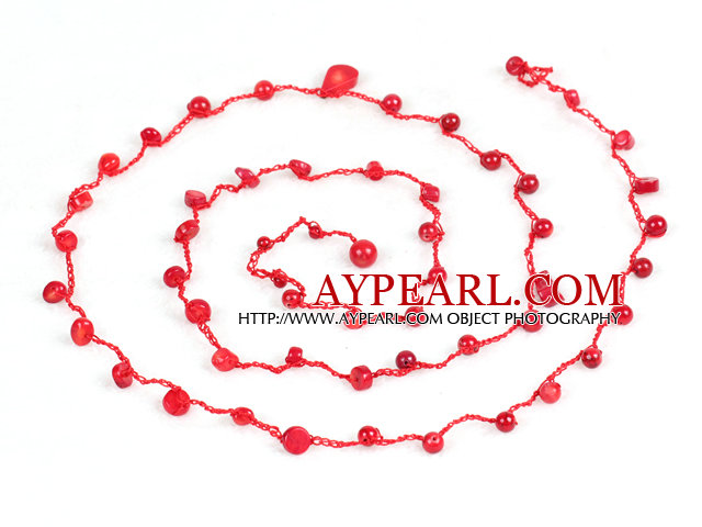 Pretty New Long Style Red Coral Chips Red Thread Necklace(Also can be Bracelet)