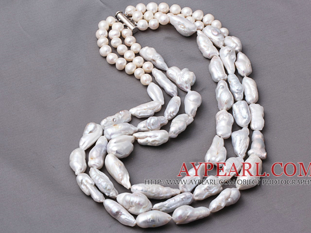 Fashion Three Strands Natural White Freshwater And Blister Pearl Necklace With Magnetic Clasp
