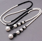 Lovely Long Style White Seashell Pearls And Manmade Black Crystal Pendant Necklace