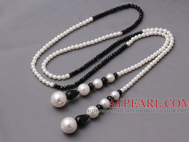 Lovely Long Style White Seashell Pearls And Manmade Black Crystal Pendant Necklace