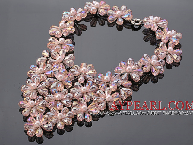 Pretty Multilayer Wired Pink Series Teardrop Crystal And Round Seashell Pearl Flower Necklace