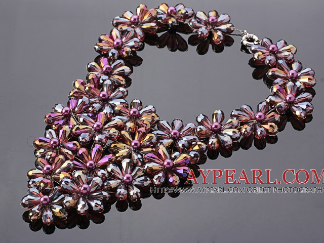 Pretty Multilayer Wired Purple Fargerik Teardrop Crystal And Round Seashell Pearl Flower halskjede