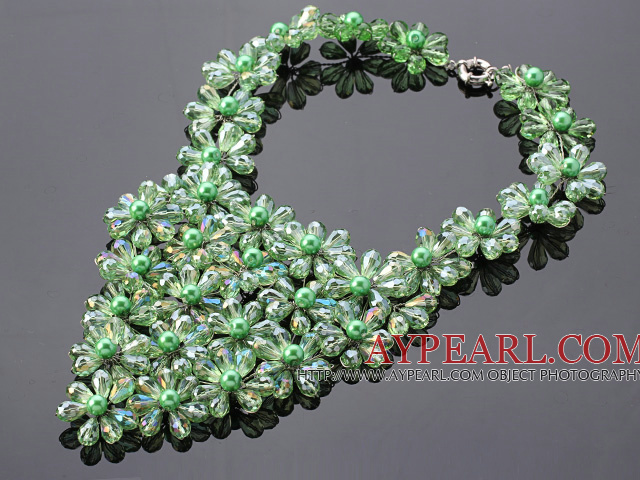 Pretty Multilayer Wired Green Series Teardrop Crystal And Round Seashell Pearl Flower Necklace