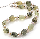 Fashion Natural 8-9mm White Freshwater Pearl And Prehnite Strand Necklace With Lobster Clasp