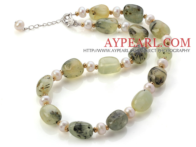 Fashion Natural 8-9mm White Freshwater Pearl And Prehnite Strand Necklace With Lobster Clasp