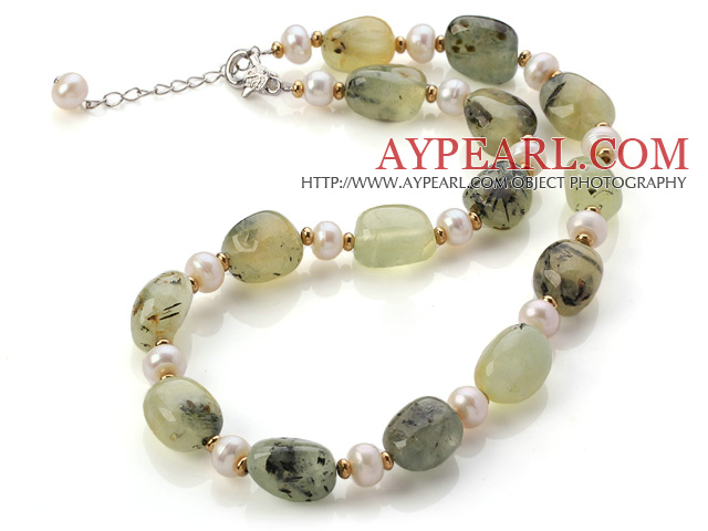 Mode Naturel 8 -9mm blanc perle d'eau douce et Prehnite Collier Strand avec fermoir