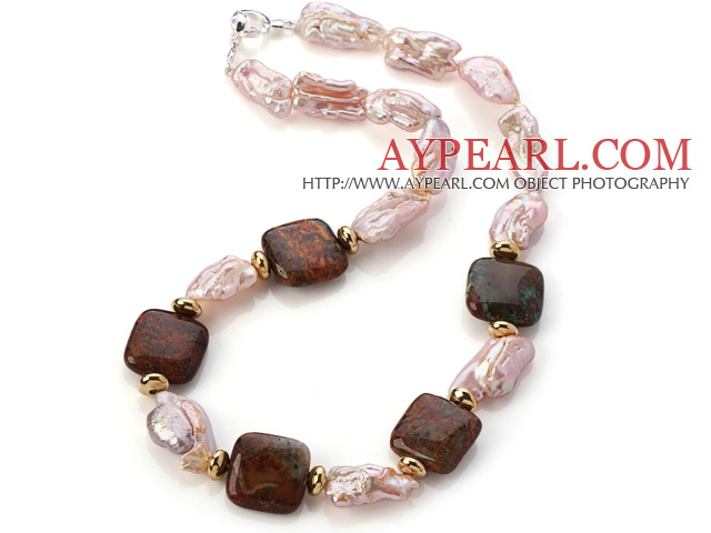 Elegant Square Shape Green Opel And Irregular Blister Pink Pearl Strand Necklace