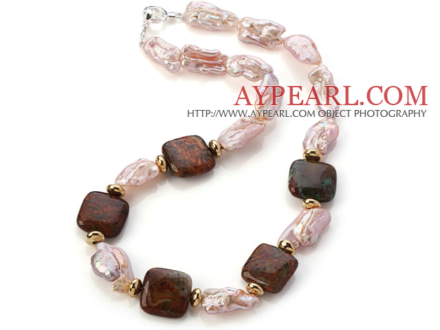 Elegant Square Shape Grønn Opel og uregelmessig Blister Pink Pearl Strand Necklace