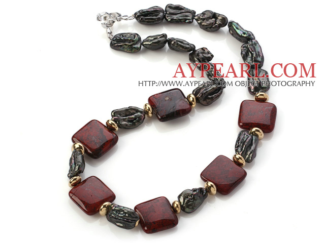 Elegant Square Shape Red Jasper And Irregular Blister Black Pearl Strand Necklace