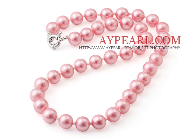 Popular 10mm Round Pink Seashell Beads Hand-Knotted Strand Necklace With Moonight Clasp