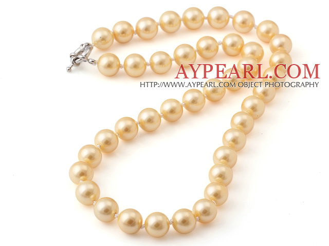 Popular 10mm Round Orange Yellow Seashell Beads Hand-Knotted Strand Necklace With Moonight Clasp
