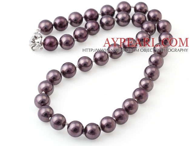 Popular 10mm Round Purple Seashell Beads Hand-Knotted Strand Necklace With Moonight Clasp